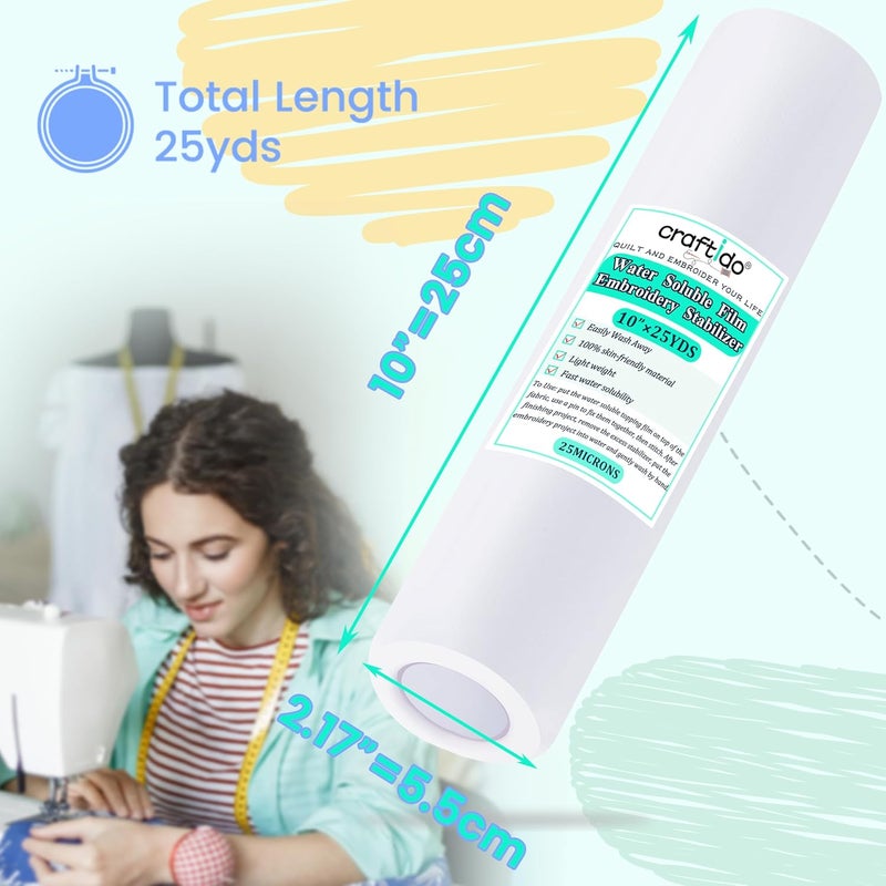 craftido Clear Wash Away/Water Soluble Embroidery Stabilizer Topping Film 10" x 25 Yd/roll Compatible with Most Hoops 25µm Light Weight for Machine Embroidery and Hand Sewing - Image 2